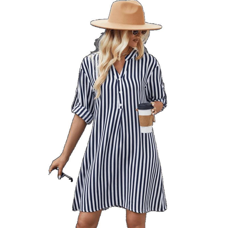 1116 Herbst Damen gestreiftes Langarmkleid, Stilvolles V-Ausschnitt-Shirt