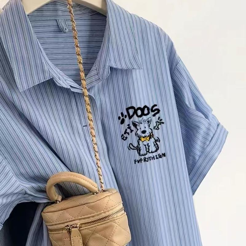 Ladies Dog Embroidered Solid Color Striped Shirts French Leisure Lapel Women's Short Sleeved Blouses Summer Casual Single Breasted Female Top