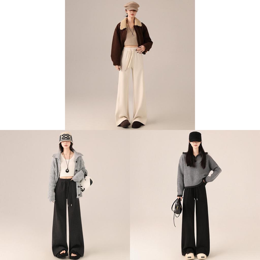 Winter Wool Cashmere Blend High Waist Wide Leg Pants For Women With Pockets And Drawstring