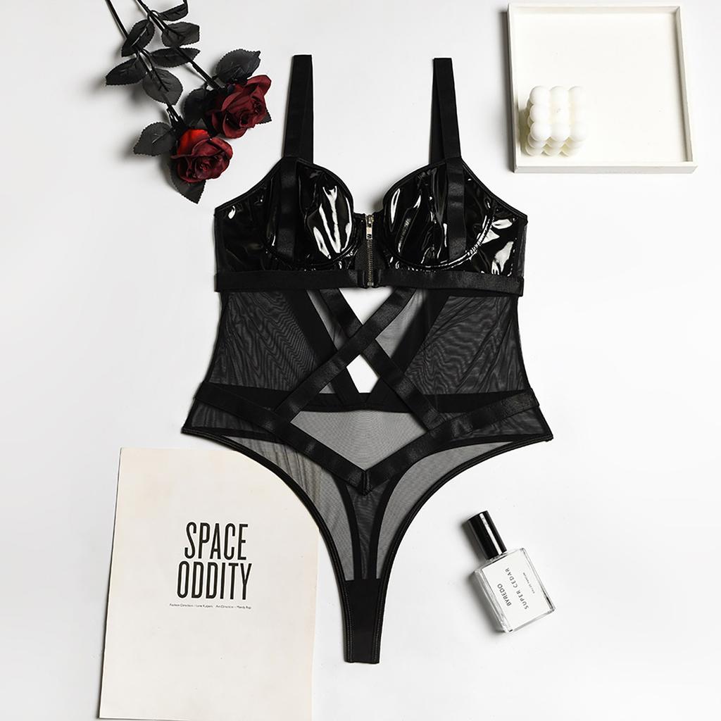 Women One Piece Bodysuit Sheer Mesh Panel Cut Out Design Adjustable Straps Zipper Front Closure Sexy Fit Lingerie