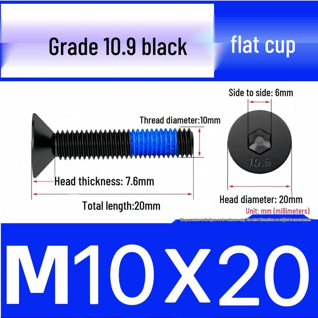 Black Anti-Slip Flat Cup Screw with Adhesive Blue Glue, Countersunk Hexagon Socket, Available in M2-M8 Sizes