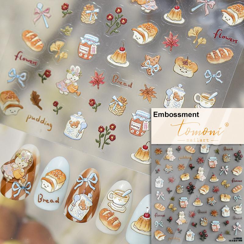 Cartoon Cute Bear Pudding Pretzel Bread Croissant Cookies Shiny 3D Self Adhesive Nail Art Stickers Bakery Lovely Manicure Decals