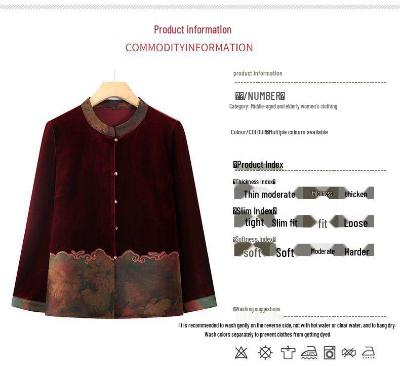 Women's Gold Velvet Long-Sleeve Shirt - Thick, Loose Fit for Middle-Aged & Elderly, Ideal for Spring & Autumn