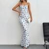 Women Sweet Floral Backless Spaghetti Strap High Waist A Line Long Vacation Dress
