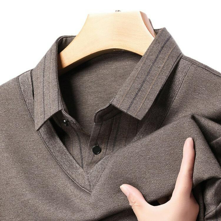 Men's Fake Two-piece Striped Polo Shirt Spring and Autumn Men's Loose Lapel Long-sleeved Shirt T-shirt