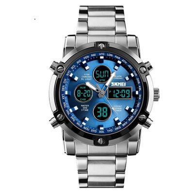 HINICE Men's Digital Analog Chronograph Watch Blue White Stainless Steel Band Calendar Stopwatch Luminous 30M Water Resistant Round Face