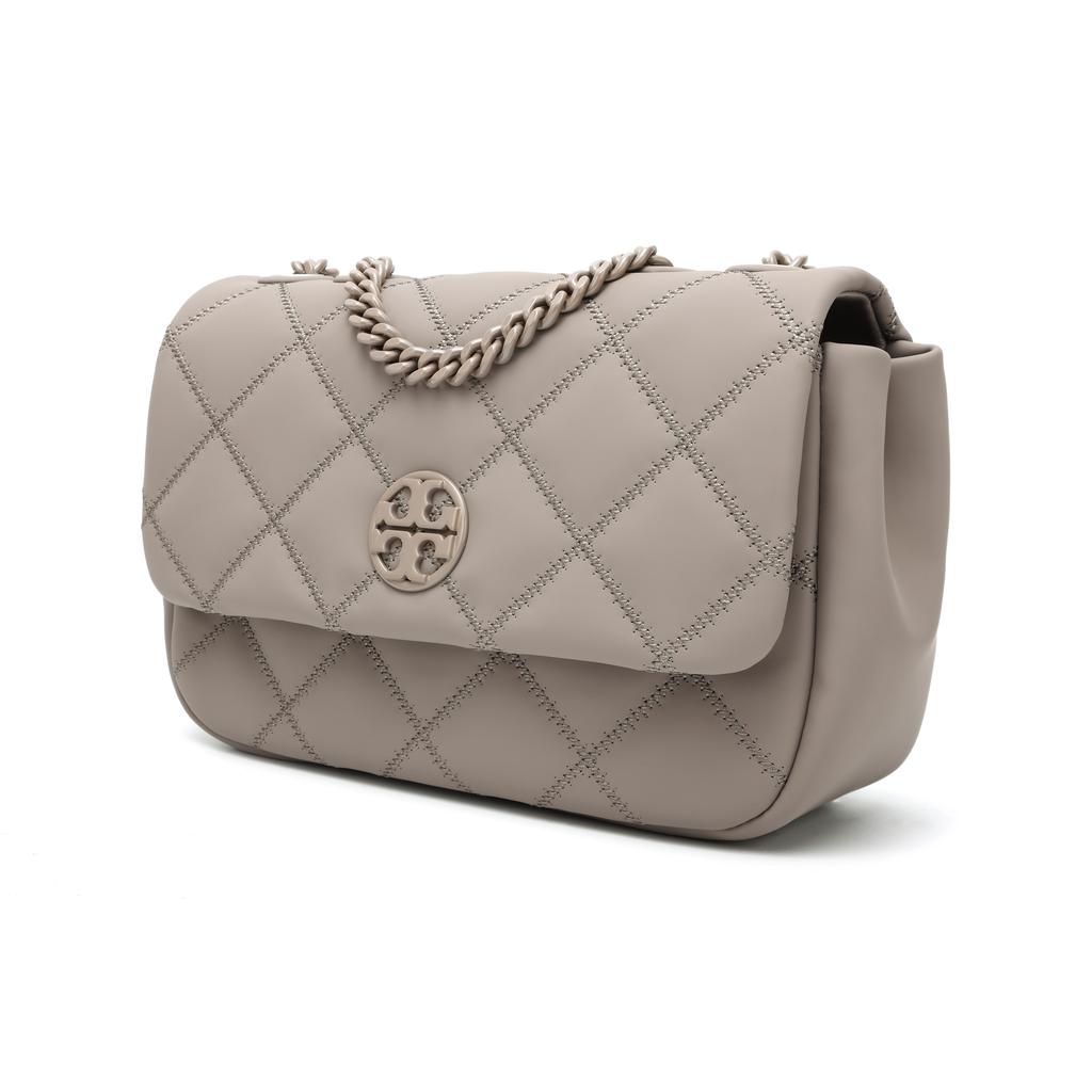 Tory Burch Tb-Willa Classic Double T Logo Solid Striped Quilted Logo Snap Goat Leather Handbag Shoulder Bag Women handbags Elephant-Gray 149682-082