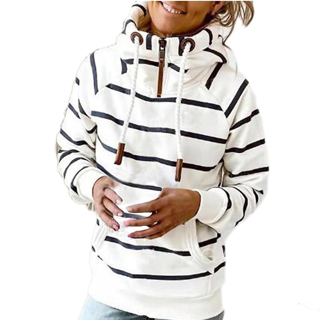 Fashion Women's Pocket Stripe Printed Swap Long Sleeve Hooded Sweatshirt Top