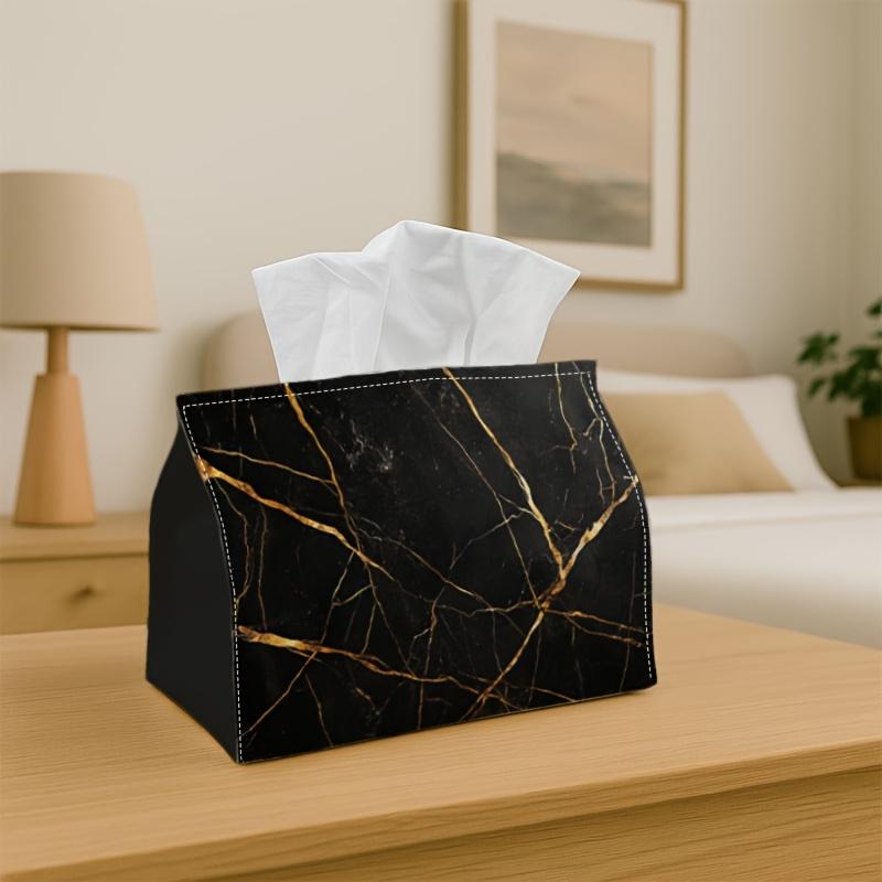 1pc Tissue Box with Texture Pattern- Black Golden Marble, Made of Durable Polyester Fabric, Versatile Napkin Dispenser for Home, Vehicle, And Party De