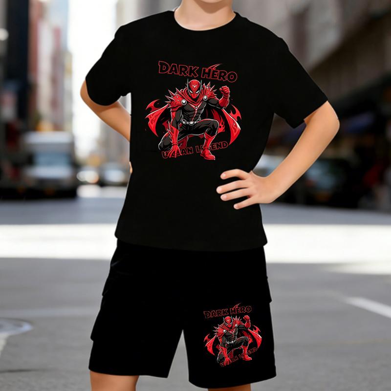 

Boys 2 Piece Cute Cartoon Print Outfit, Short Sleeve T-Shirt and Shorts Set for Kids Age 5-14,Black and White Sporty Casual Summer Clothes 5-6 Years чёрный