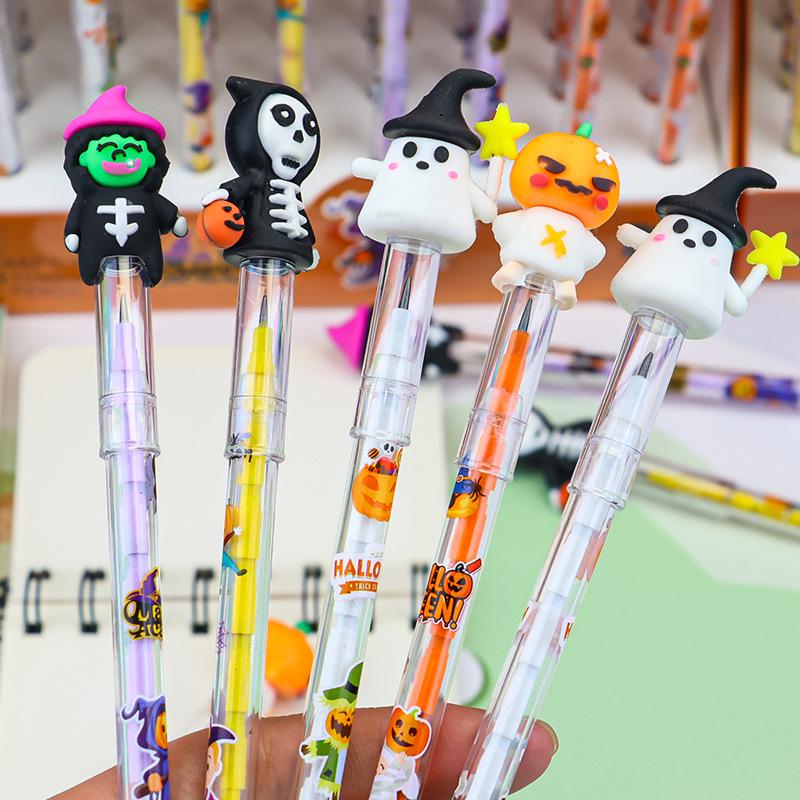 6Pcs Cute Ghost Pumpkin Witch Stackable Block Painting Pencils For Kids Birthday Party Favors Halloween Theme School Rewards