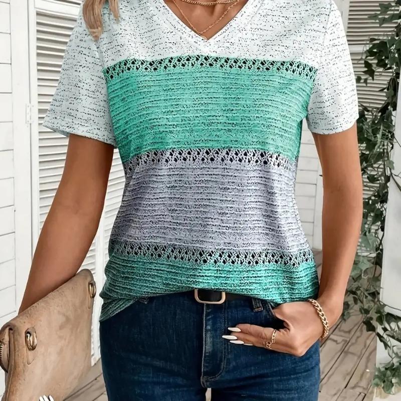 Summer Women Short Sleeve V-Neck Plus Size T Shirt For Women Fashion Ladies T-Shirt  Retro Striped Print Tops Casual Clothes