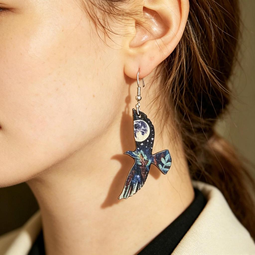Retro Starry Sky Moon & Bird Wooden Earrings - Crow Print Moonlit Night Dangle