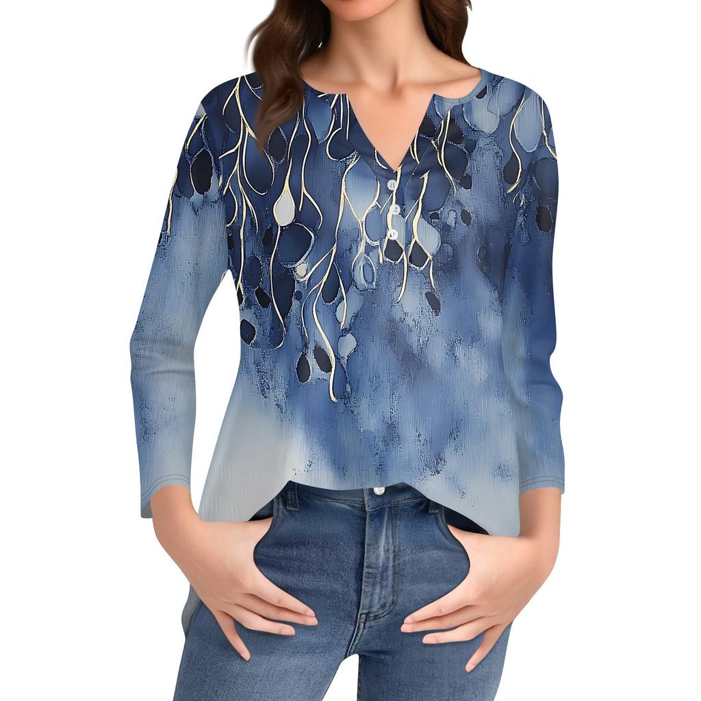 Women's T Shirt Print Button 3/4 Sleeve Daily Weekend Fashion Basic V- Neck Regular Top