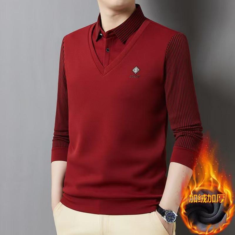 Herbst Winter Herren Polo Kragen Pullover Gestreiftes Fleece Dick Slim Fit Oberteile Fake Zweiteiler Strickwaren Business Casual Pullover