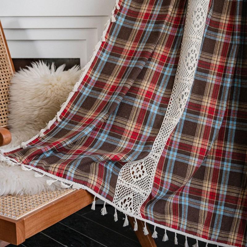 

Christmas Plaid Patchwork Yarn-dyed American Window Curtain with Tassels Shading Valance Living Room Kitchen Floating Curtains W150 x H160cm&Threading Rod