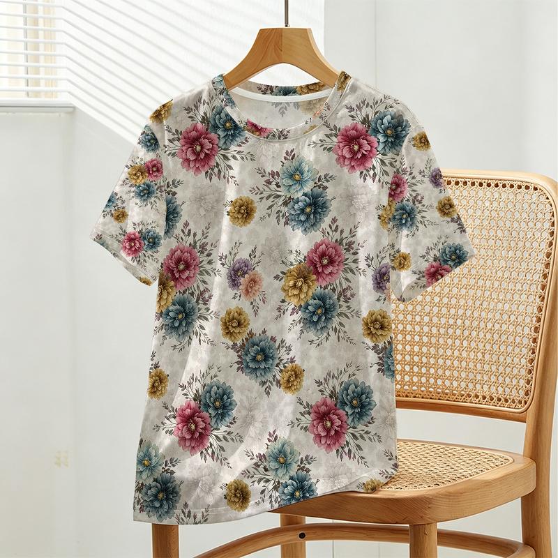 Plus Size Women's T-Shirts Relaxed Loose Fit,Colorful Floral Print,Soft Fabric,Versatile for Daily Casual,Home & Office Wear