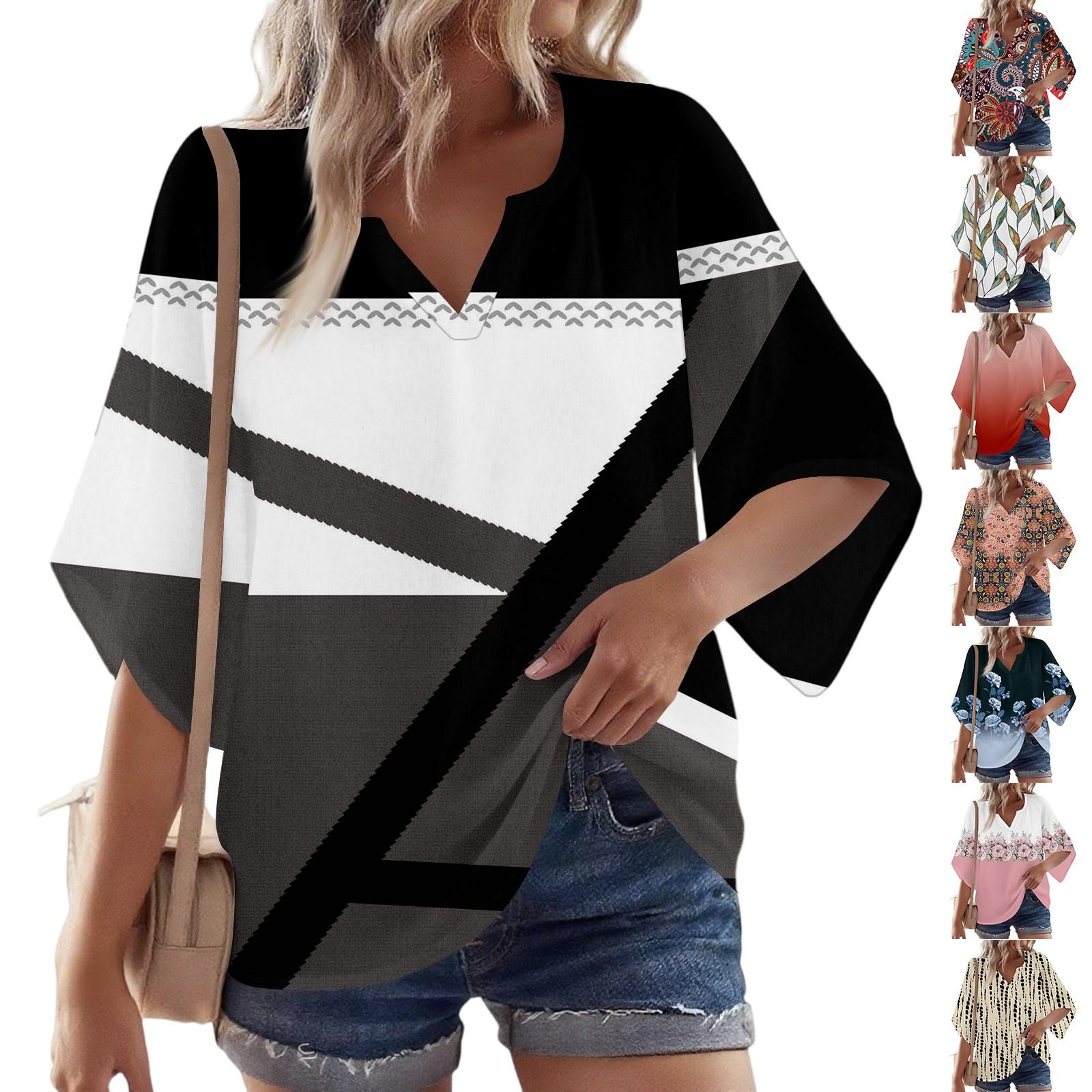 

Women s 3/4 Sleeve V Floral Shirt Casual Loose Tunic Top XXL
