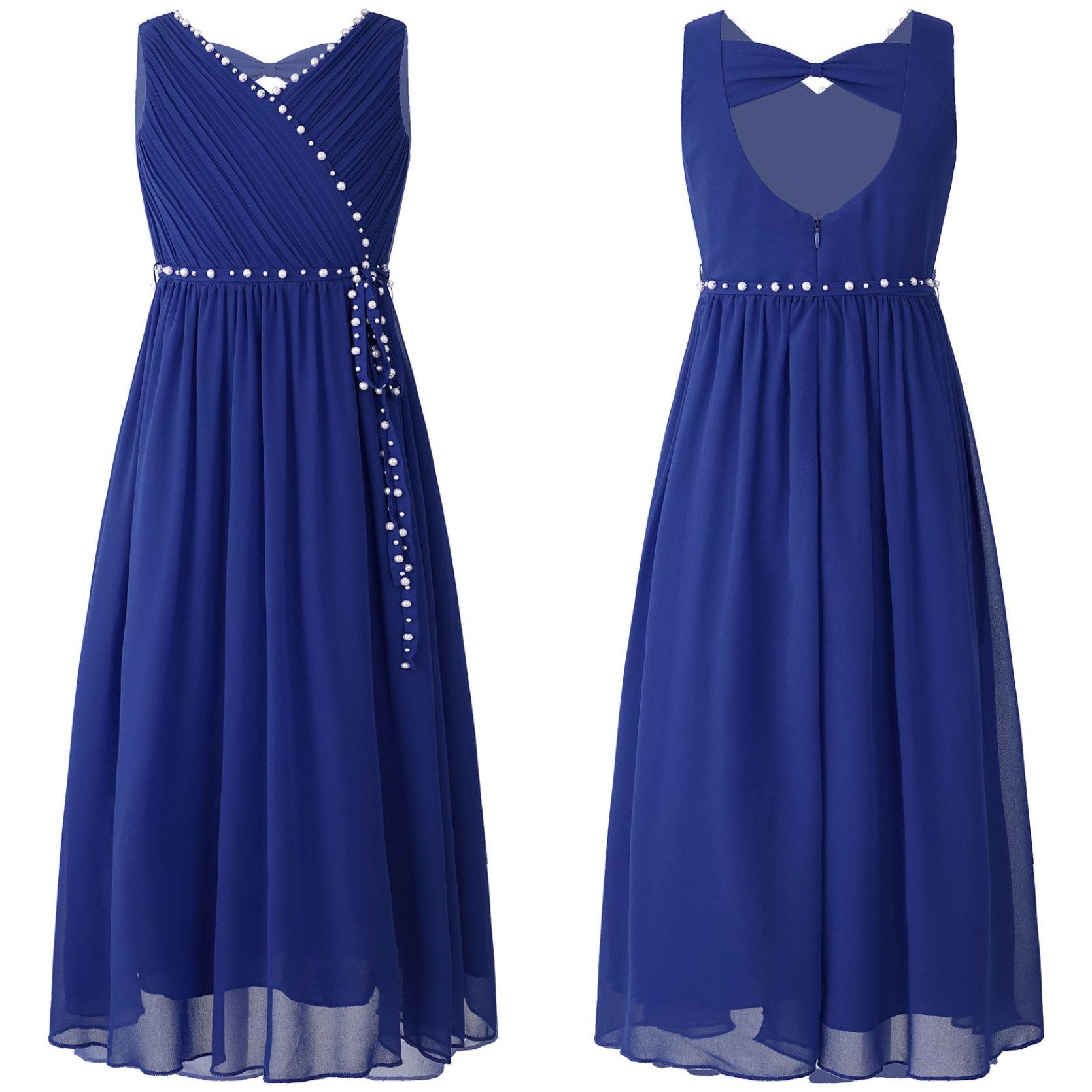 

Дитяча літня сукня для весілля, дня народження, без рукавів, шифонова сукня максі для подружок нареченої з бісером і бісером. 15-16 Years синій