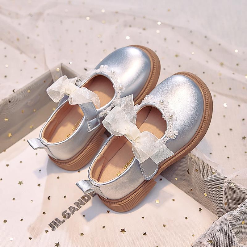 Girls leather shoes bow pearl princess shoes 2025 autumn new children's single shoes soft sole girls performance shoes