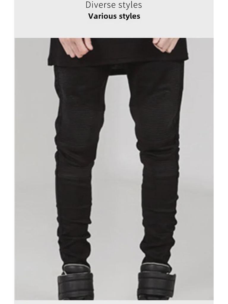 Trendy Slim-Fit Biker Jeans – Stylish Motorcycle Pants with Wrinkled Design for Cross-Border Fashion Enthusiasts
