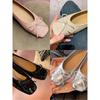 Cowhide Sweet Temperament Versatile Bow Square Head Thick Heel Ballet Style Leather Single Shoes Women