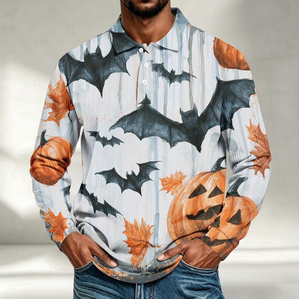 Men's Casual Halloween Print Long Sleeve Shirt Loose Fit