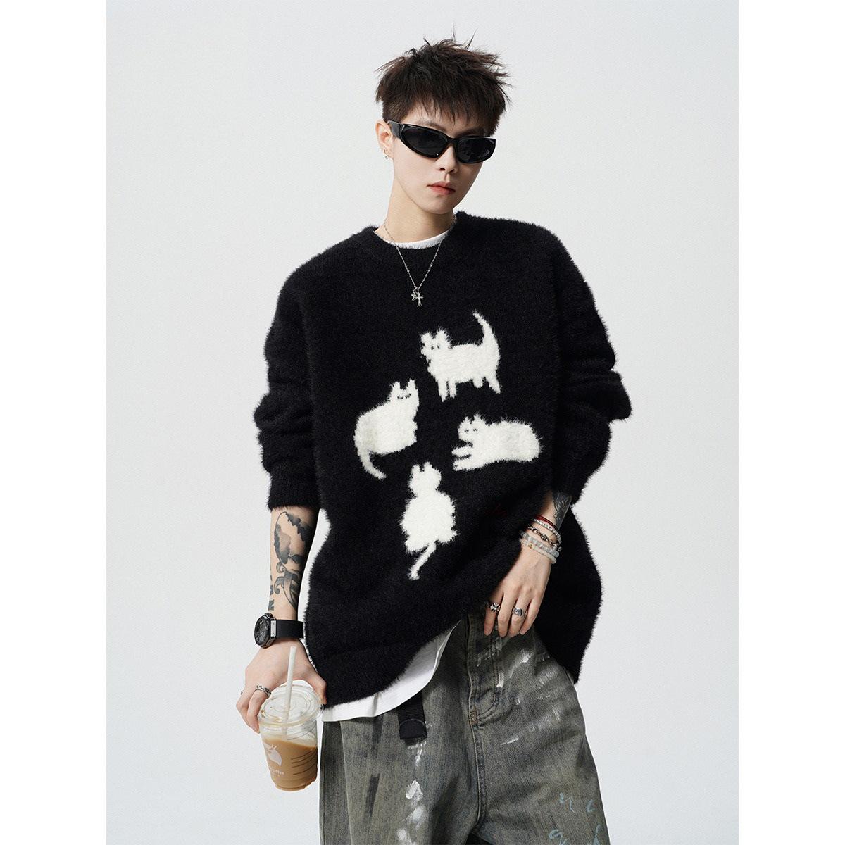 

Trendy Cartoon Cat Knit Sweater: Men s Autumn/Winter Round Neck Couple s Loose Casual Style 3XL чорний
