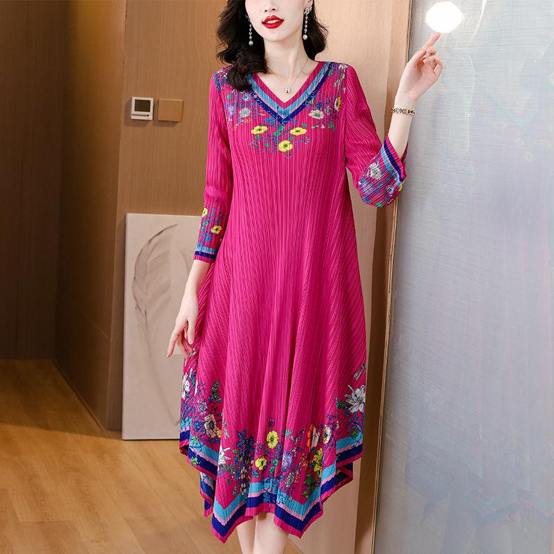 Women's Plus Size Dress Vintage Print Dress Ethnic Style Spring Summer A-line Pleated Stretch Maxi Dress