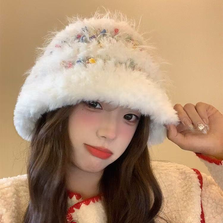 Colored jelly bean plush bucket hat winter warm face thickened knitted wool hat ear protection hat