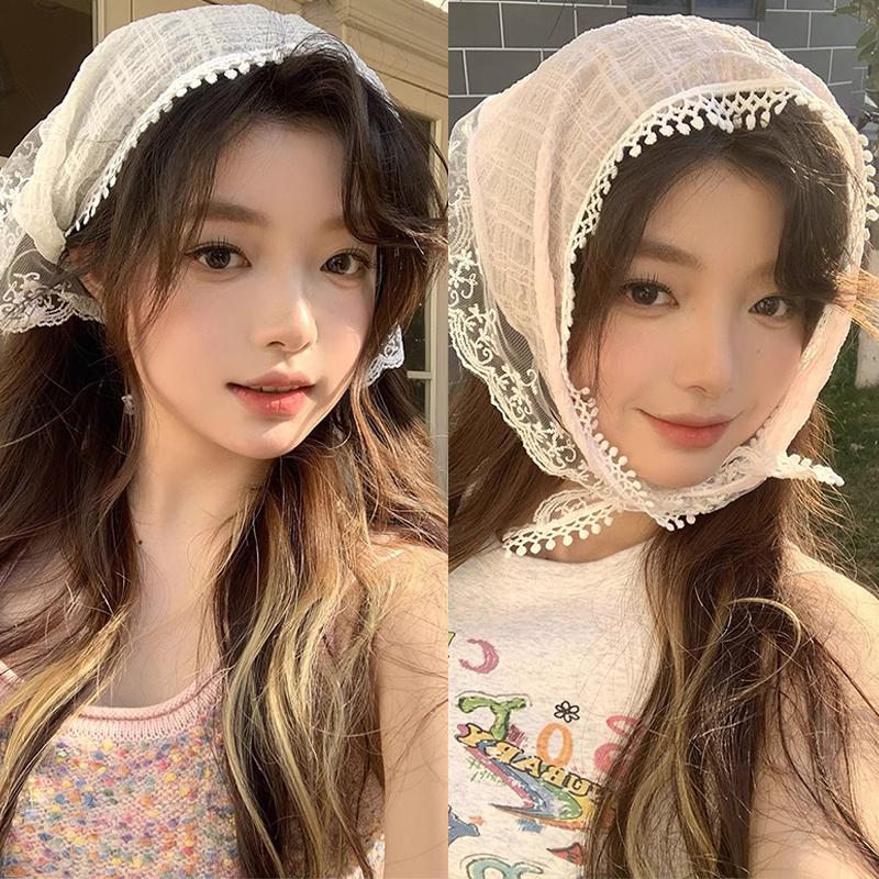 2pcs Korean Ins Lace Hair Scarf for Women Retro Triangle Hair Band Strap Hair Bag Headscarf Hat French Pastoral Travel Headband