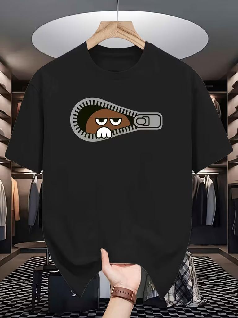 Unisexs Bear Print TShirt Zipper Summer Casual Streetwear Short Sleeve Tee Top