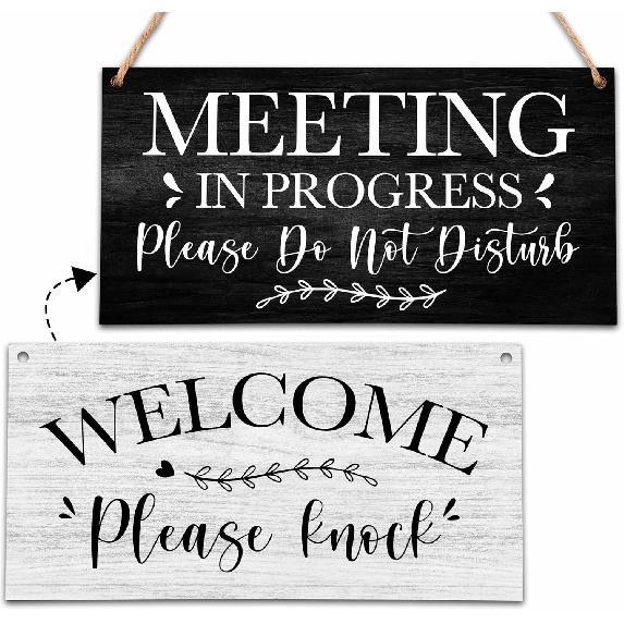 Do Not Disturb Door Hanger Sign, Funny Office Decor Meeting in Progress Door Sign, Double Sided Welcome Door Sign for Cubicle Decor, 6X12 Inches meeting in progress