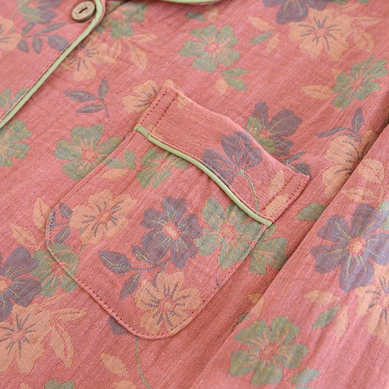New 2024 Women's Floral Cotton Pajamas Set - Long-Sleeve, Turn-Down Collar, Double-Layer Gauze for Spring and Autumn.