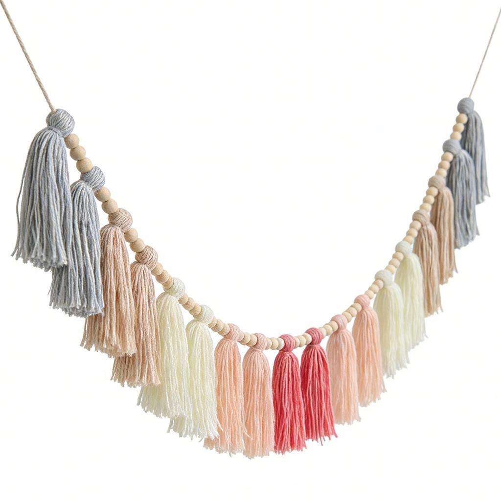 Boho Tassel Garland with Wood Beads Wall Hanging Tassel Banner for Classroom Bedroom Nursery Decoration Roseate