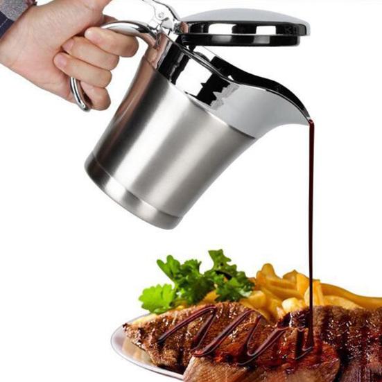 500/750ML Sauce Pot with Lid & Handle Leak-proof Double Insulated Gravy Boat Food Grade Stainless Steel Gravy
