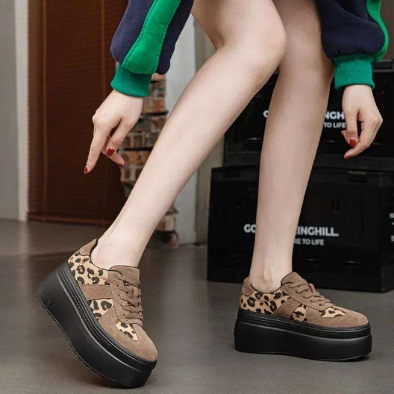 

Модные 8 см женские кроссовки из натуральной кожи Streth Fabric на осень, массивные, вулканизированные, с леопардовым принтом, на плоской подошве, весенняя модная обувь на танкетке 33 хаки