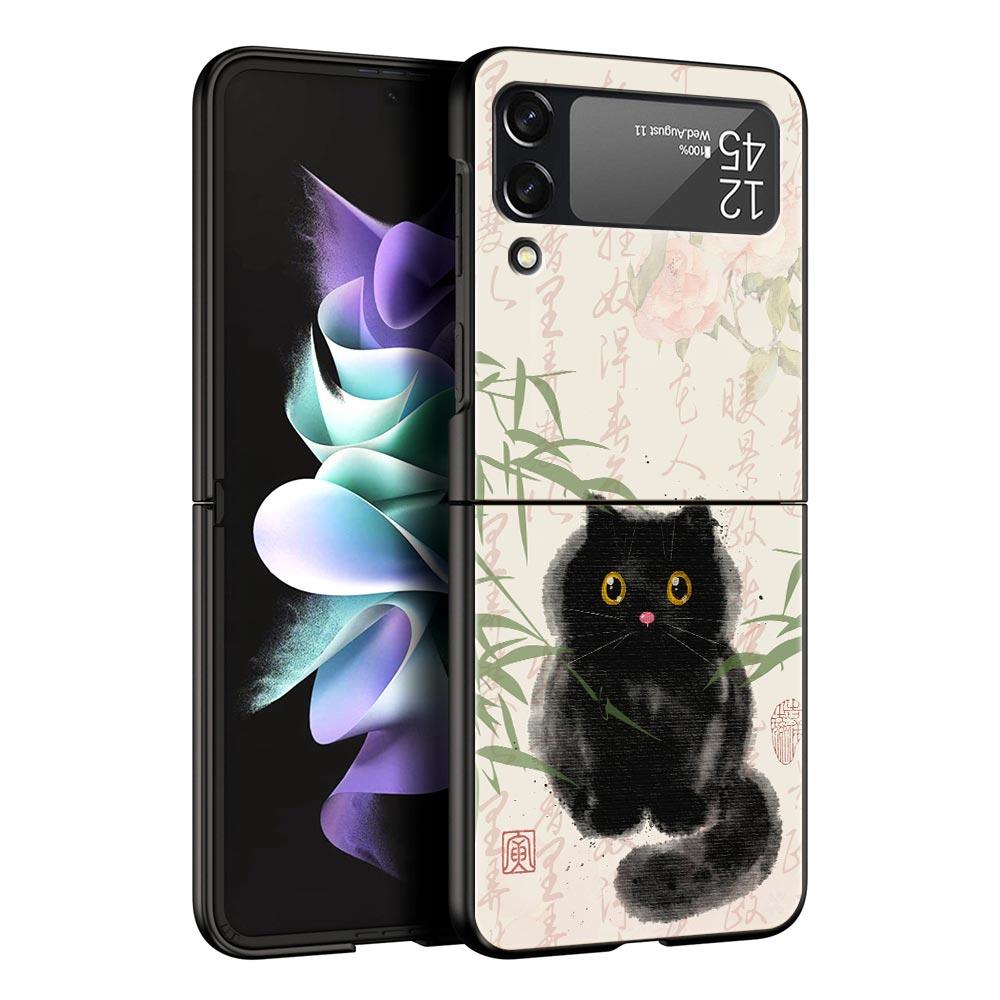 Cute Cartoon Black Cat Phone Case For Samsung Galaxy Z Flip3 Flip4 Flip5 Case Shell For Z Flip 3 4 5 6 7 Hard Folding Cover