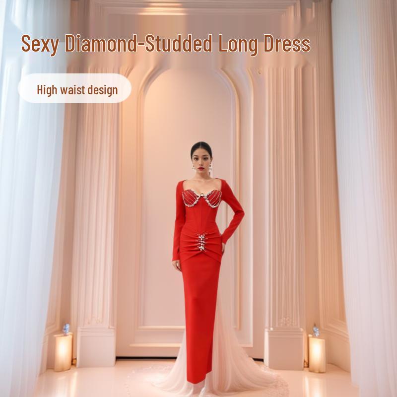 

New Rhinestone Embellished Long Sleeve Waist-Cinched Bandage Gown Dress for Christmas Small чёрный