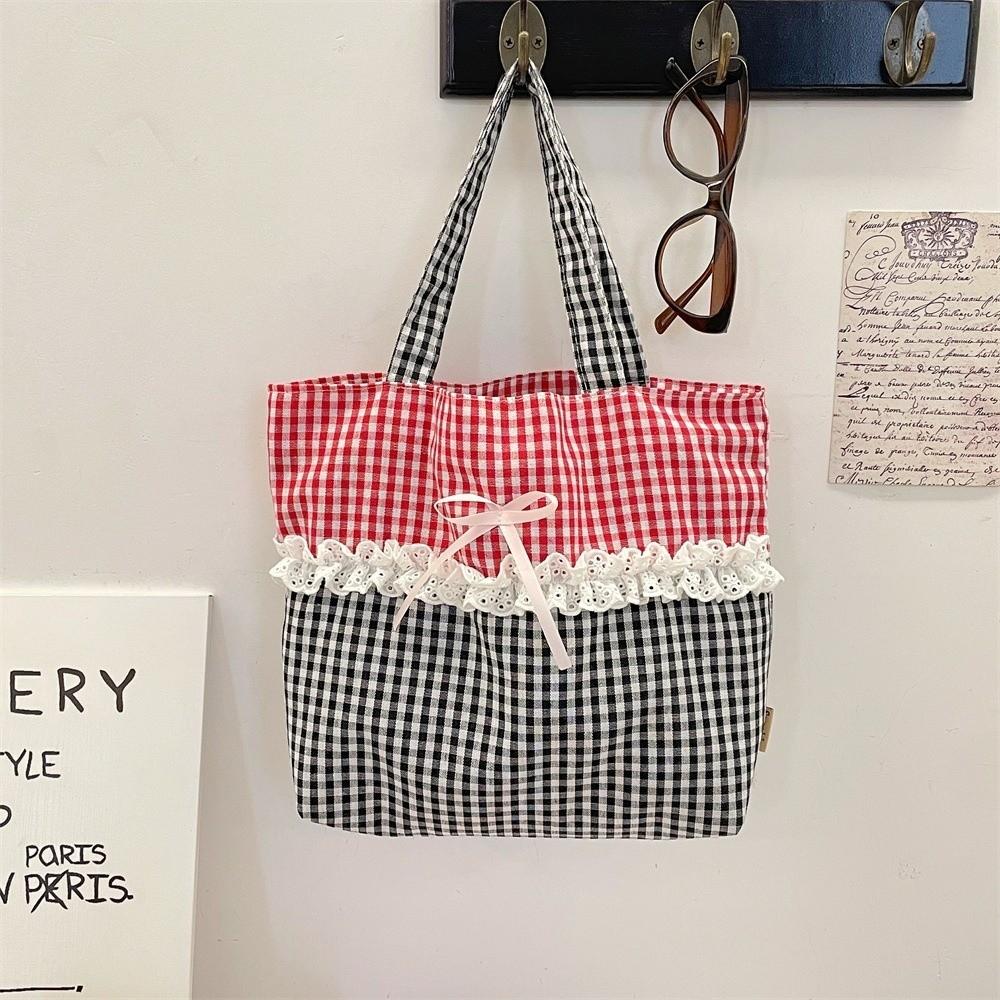 New Canvas Material Splice Lace Handbag Splice Lace Design Large Capacity Tote Bag Lightweight Snack Bag Commute