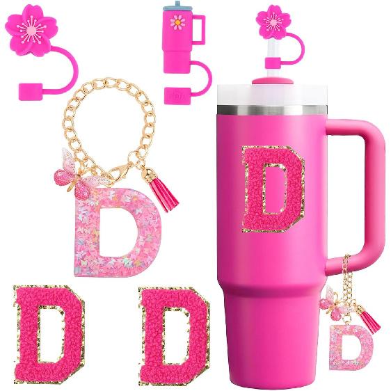 Cup Accessories Set for Stanley Cup 30oz 40oz tumbler with handle, Including Silicone Straw Topper Cover Cap, Handle Charm, Initials Sticker Fuchsia