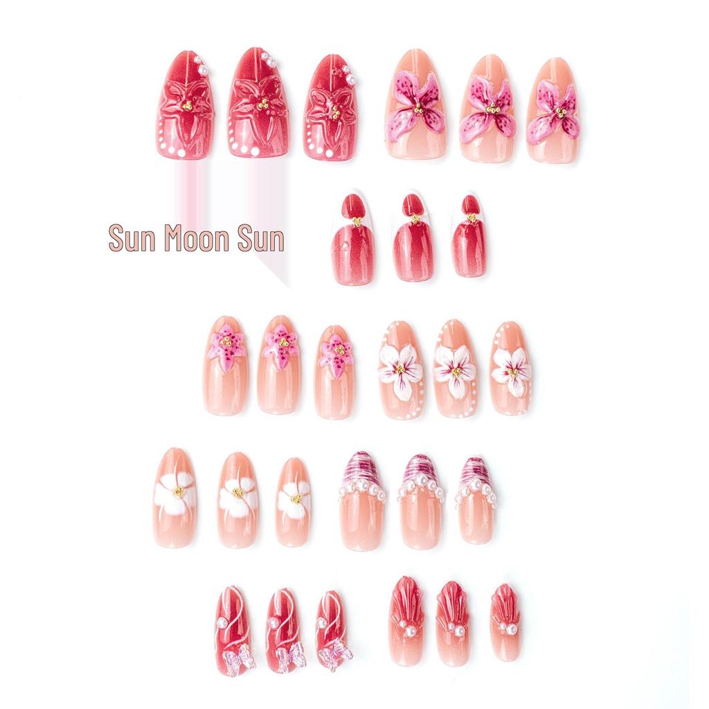 30-Piece Set: Handmade Almond Nails with 3D Flowers, Butterflies & Pearls