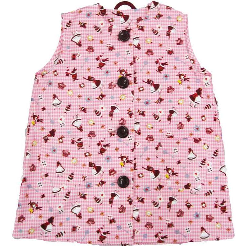 Infant smock, pink check x Alice pattern, sleeveless front button, open front smock, kindergarten, infant classroom, nursery school, nursery school,