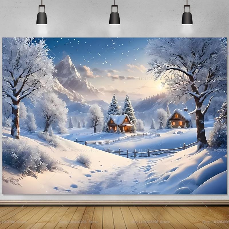 Sfondo Villaggio di Natale Invernale Decorazione per la Casa Sfondo per Studio Fotografico Cittadina Nevosa di Capodanno Sfondo Montagna