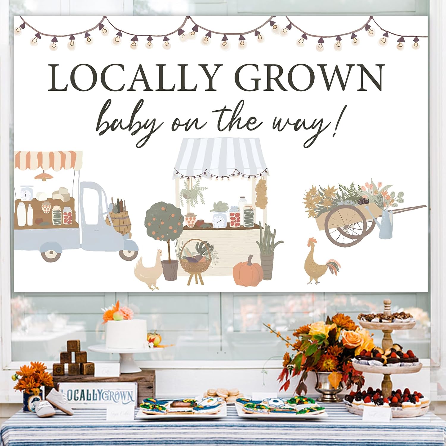 Locally Grown Baby Shower Backdrop, Vegetable and Fruit Gender Reveal Decorations, Farmer s Market Baby Shower Decorations Backdrop for Kids Boy Girl