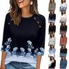 Damen 3/4-Ärmel Rundhals Knopfdekor Oberteil Blumenprint Lockerer Schnitt Bluse Lässiger Pullover für Tägliches Tragen Büro Zuhause
