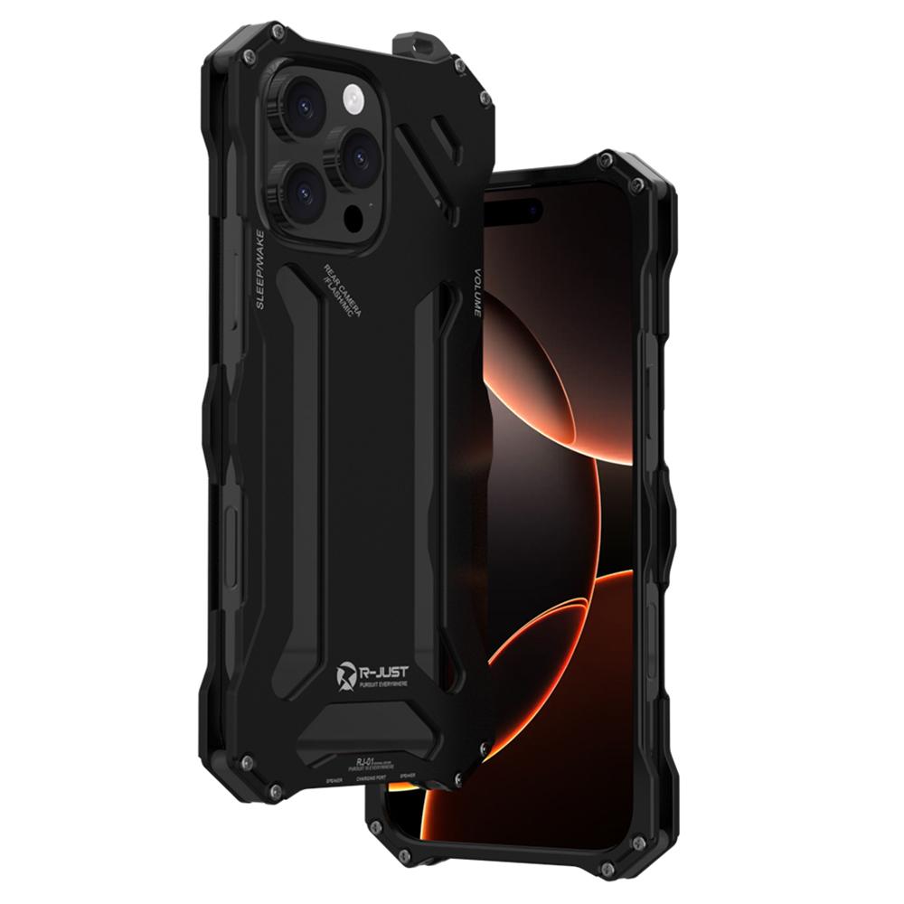 

R-JUST For iPhone 16 Pro Case Aluminum Alloy Mechanical Armor Hollow Phone Back Cover Black