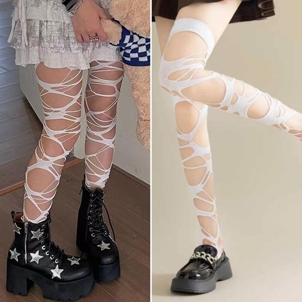 Black Punk Goth Personality Hole Fishnet Socks Y2K Millennial Babes Jk Black Stockings Women Bottom Knee Socks