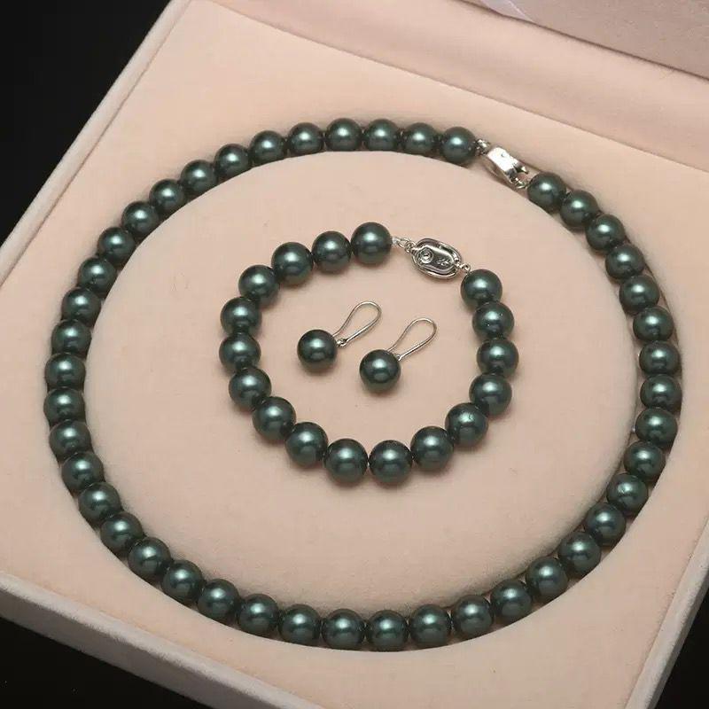 Peacock Green Perfectly Round Pearl Necklace Set - Elegant Women's Clavicle Chain Three-Piece