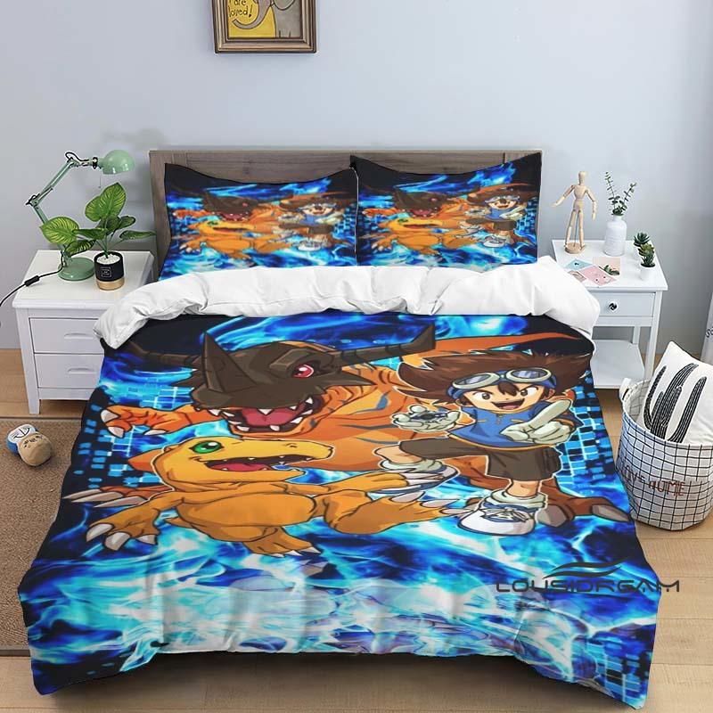 Digimon Cartoon 3D-Printed Bedding Set—Includes Duvet Cover and Pillowcases—Available for Single, Double, King, and Queen-Sized